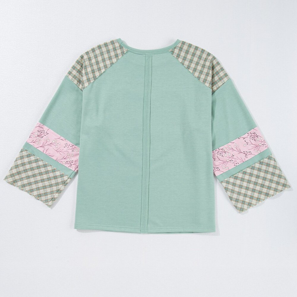 B216 Aqua Plaid Floral Patchwork Heart Long Sleeve Top - Picture 2 of 5